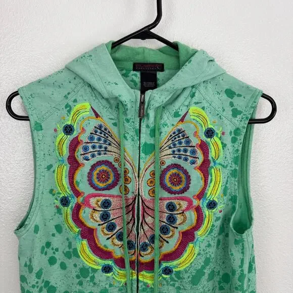 Custo Barcelona Hoodie Size 3 Green Embroidered Butterfly Splatter Art Boho * - Picture 2 of 12